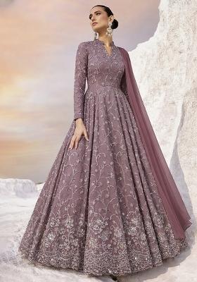 Mauve Embroidered Net Anarkali With Dupatta