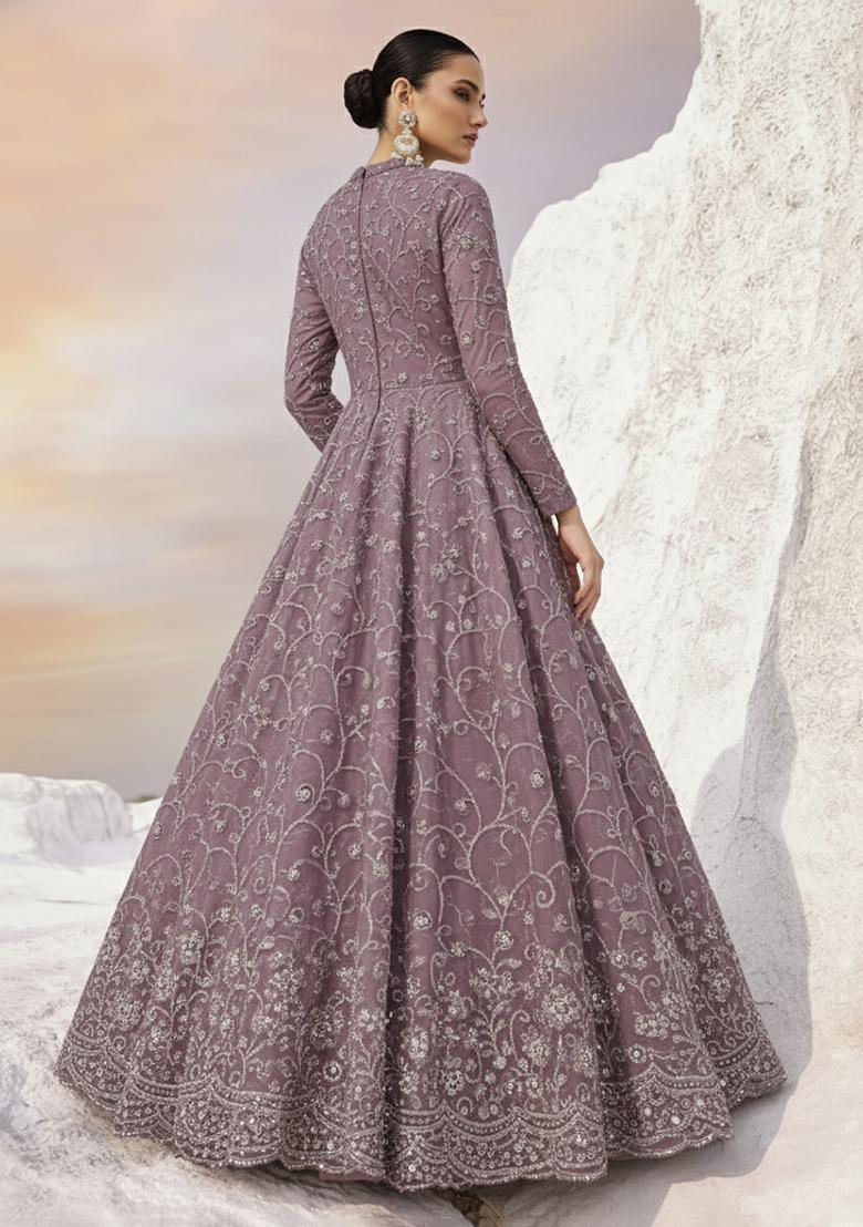 Mauve Embroidered Net Anarkali With Dupatta - Indya