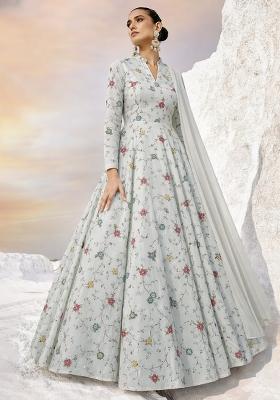 White Embroidered Tissue Anarkali With Dupatta