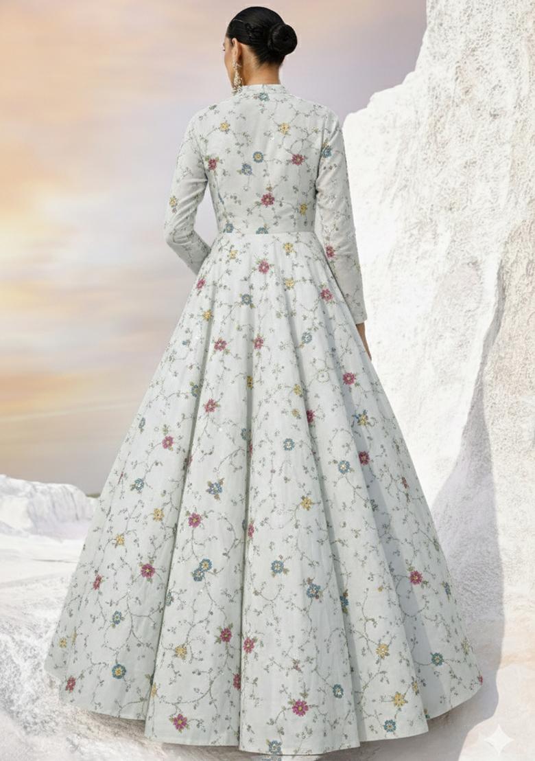 White Embroidered Tissue Anarkali With Dupatta - Indya