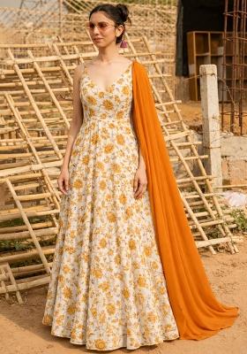 Orange Floral Print Crepe Anarkali With Dupatta