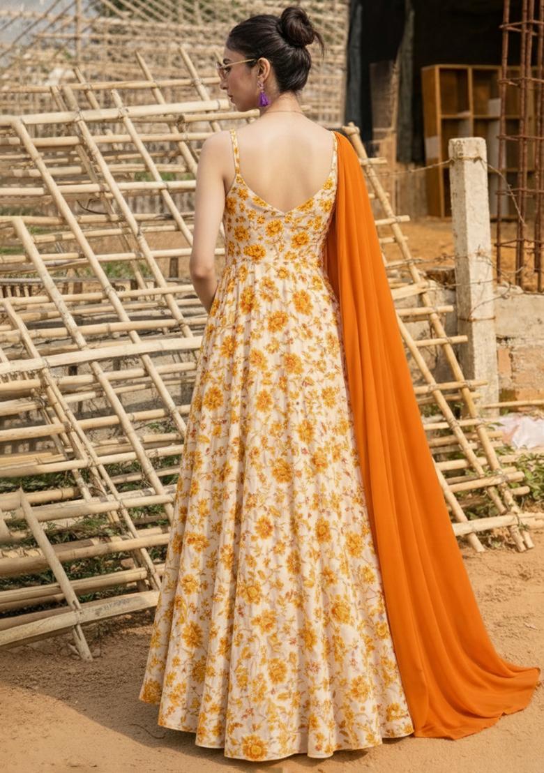 Orange Floral Print Crepe Anarkali With Dupatta - Indya