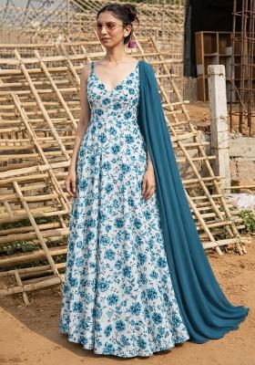 Blue Floral Print Crepe Anarkali With Dupatta