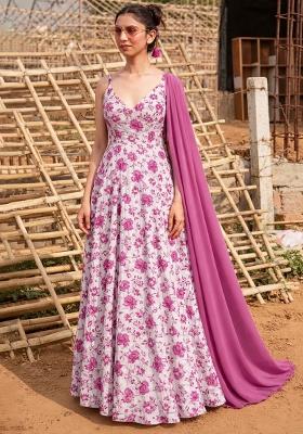 Pink Floral Print Crepe Anarkali With Dupatta