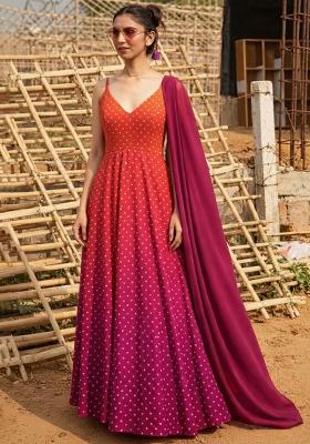 Rani Pink  Jacquard Silk Anarkali With Dupatta