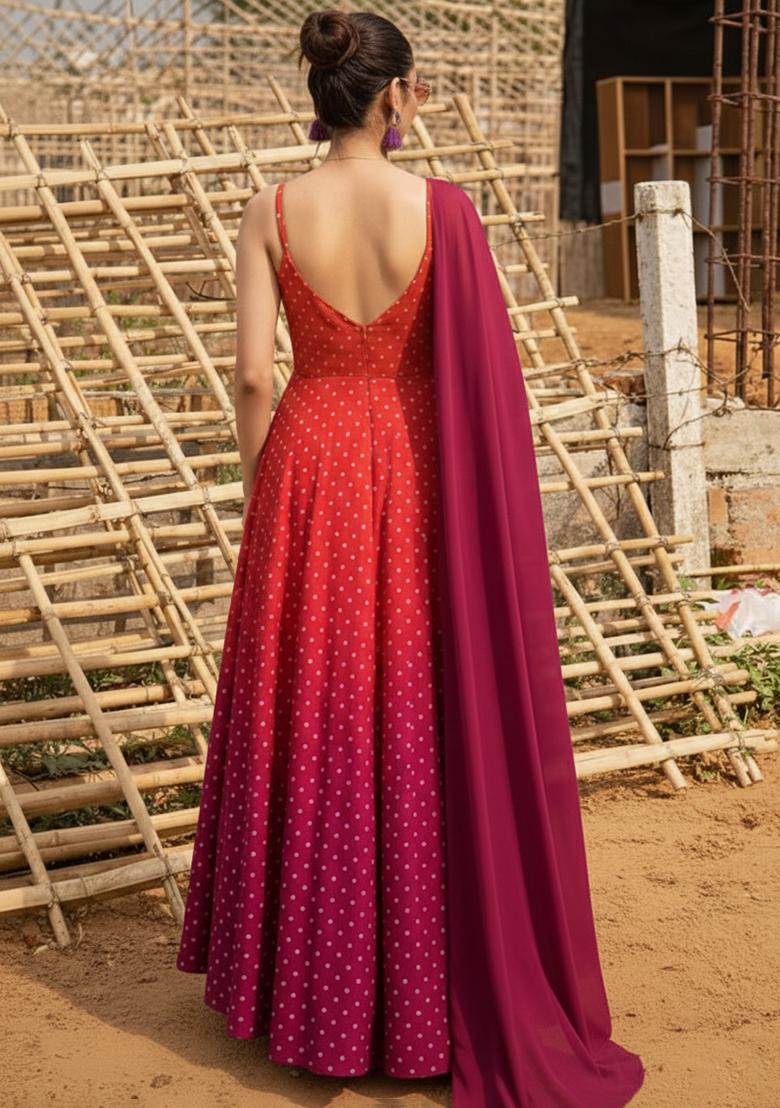 Rani Pink  Jacquard Silk Anarkali With Dupatta - Indya