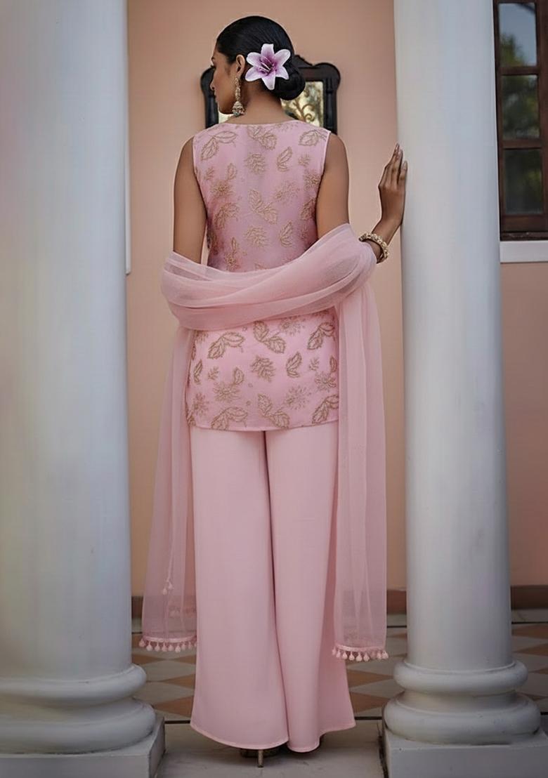 Soft Pink Embroidered Net Fusion Set - Indya