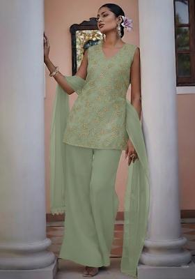 Sage Green Embroidered Net Fusion Set