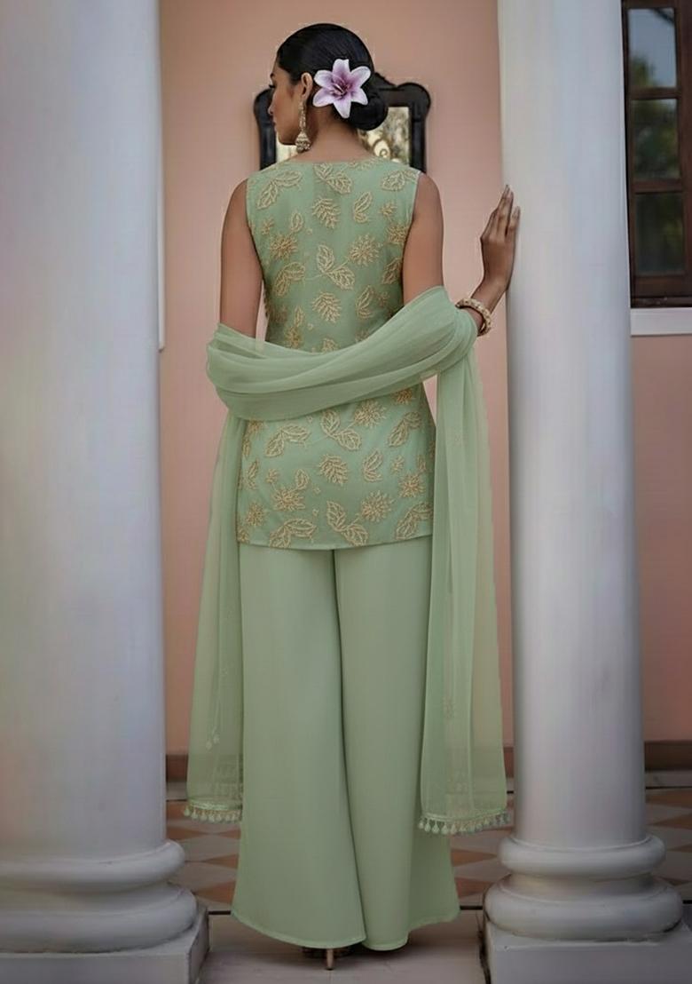 Sage Green Embroidered Net Fusion Set - Indya