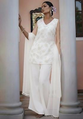 White Embroidered Net Fusion Set