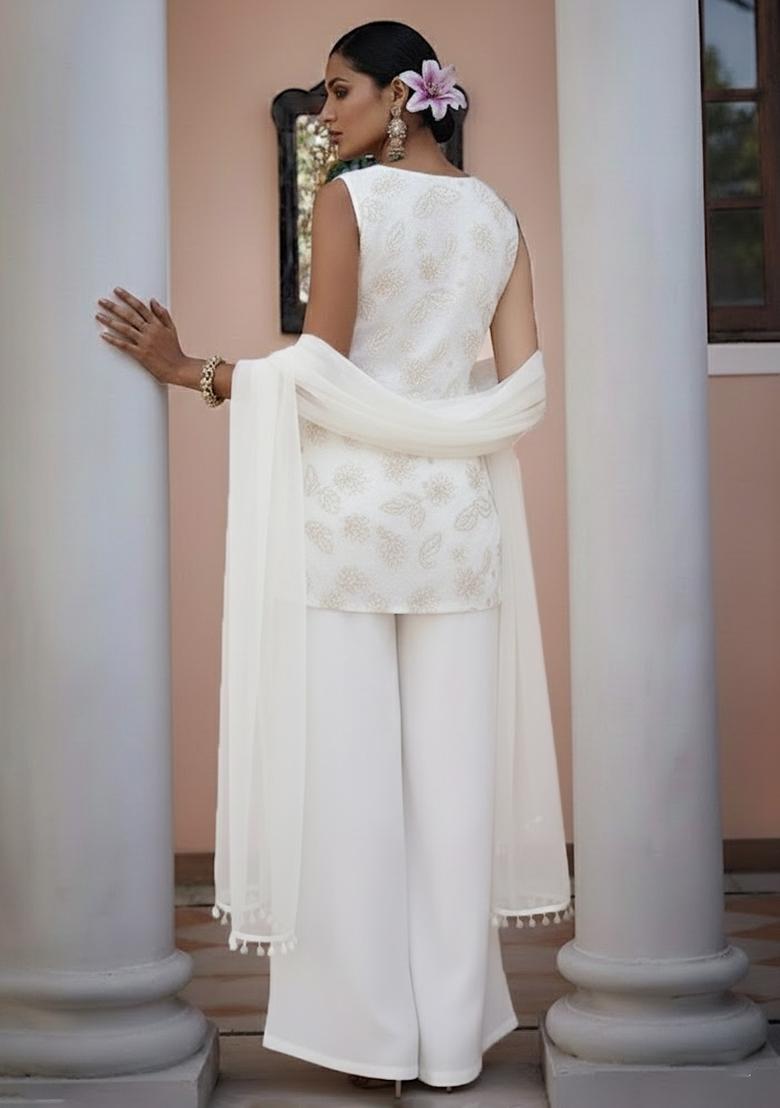 White Embroidered Net Fusion Set - Indya