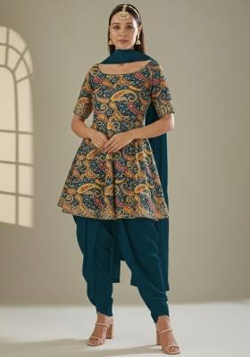 Teal Green Embroidered Crepe Kurta Set