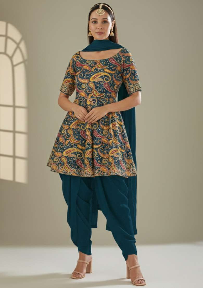 Teal Green Printed Crepe Punjabi Suit - Indya