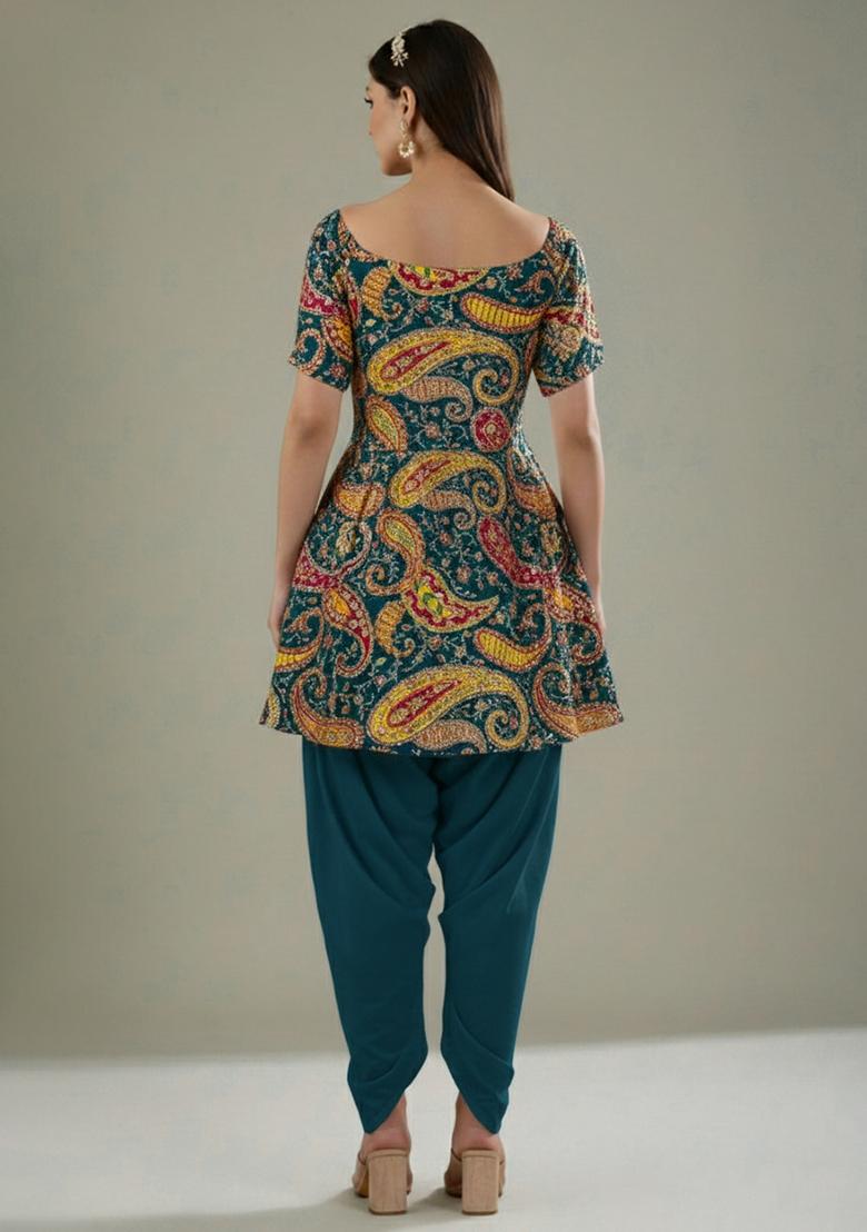 Teal Green Embroidered Crepe Kurta Set - Indya