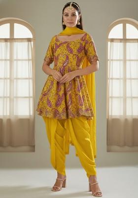 Mustard Yellow Embroidered Crepe Kurta Set