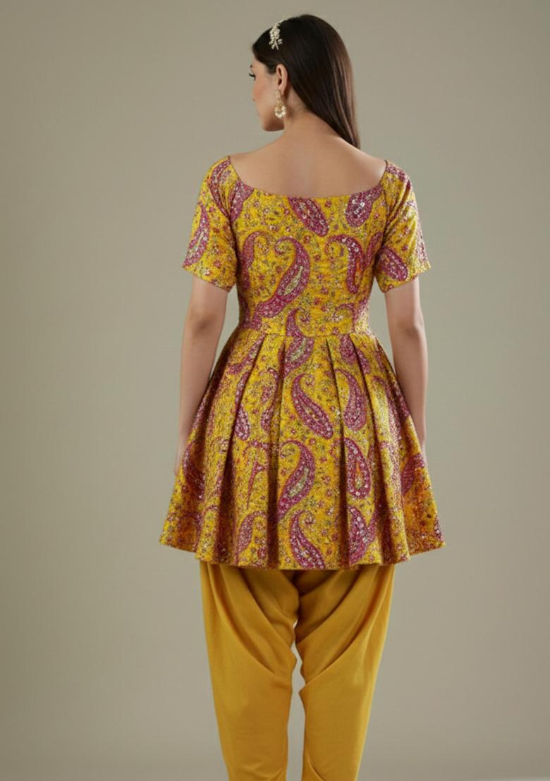 Mustard Yellow Embroidered Crepe Kurta Set - Indya