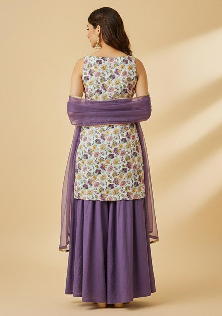 Soft Purple Floral Print Chinon Sharara Set - Indya