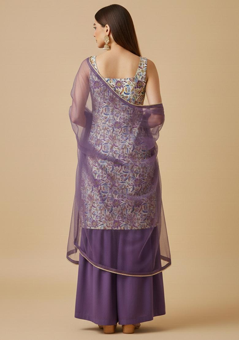 Mauve Floral Print Chinon Sharara Set - Indya