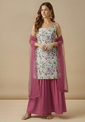 Rose Pink Floral Print Chinon Sharara Set