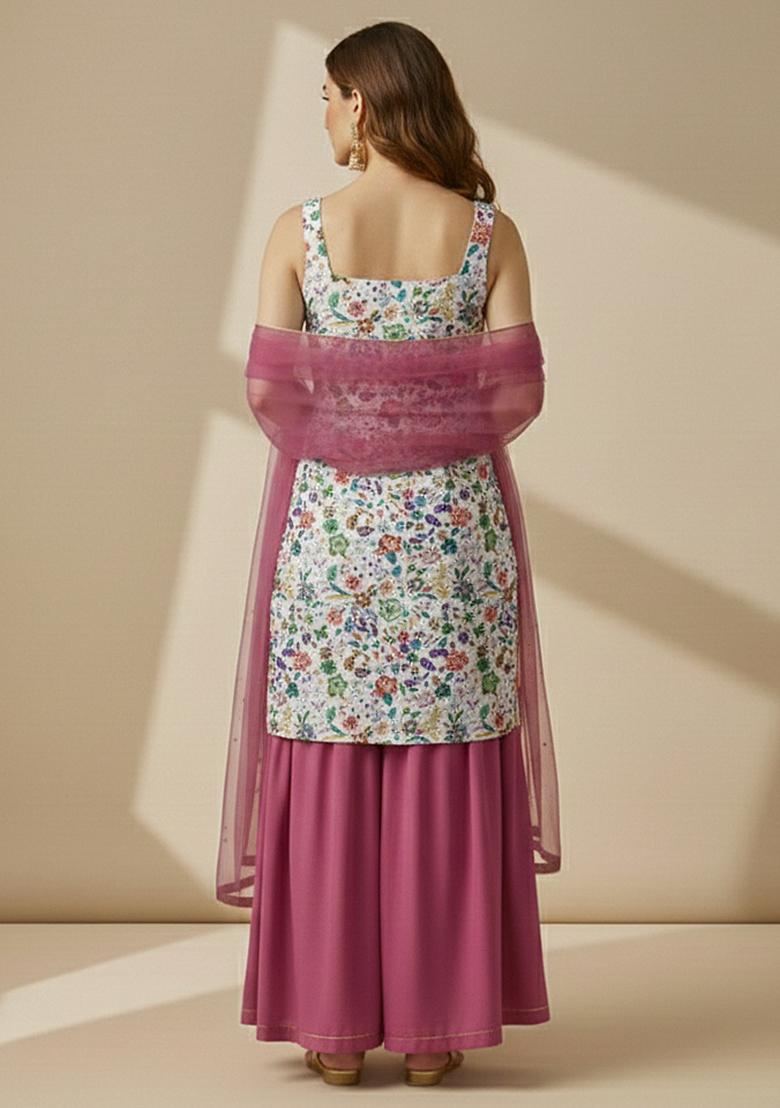 Rose Pink Floral Print Chinon Sharara Set - Indya