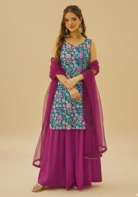 Magenta Floral Print Chinon Sharara Set