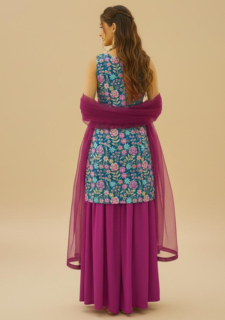 Magenta Floral Print Chinon Sharara Set - Indya