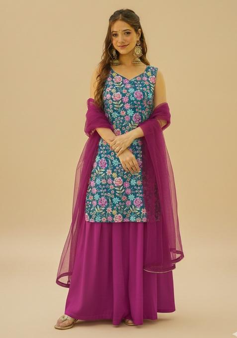 Magenta Floral Print Chinon Sharara Set