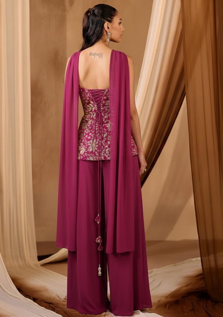 Rani Pink Embroidered Crepe Sharara Set - Indya