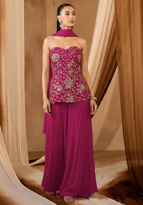 Rani Pink Embroidered Crepe Sharara Set