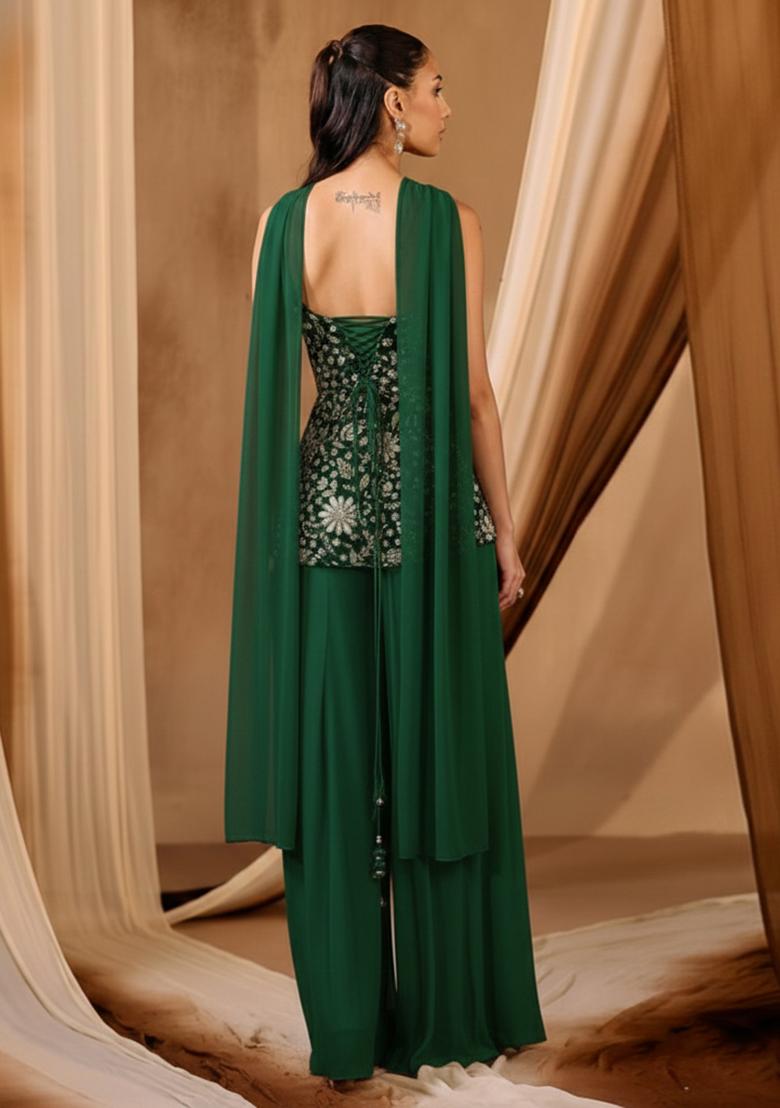 Green Embroidered Crepe Sharara Set - Indya