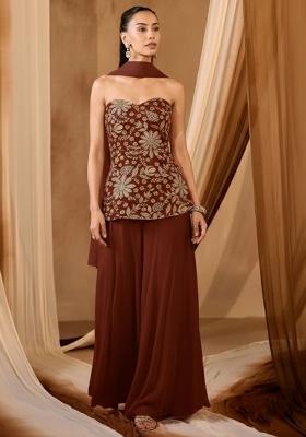 Brown Embroidered Crepe Sharara Set