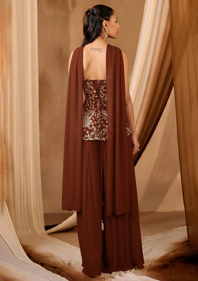 Brown Embroidered Crepe Sharara Set - Indya