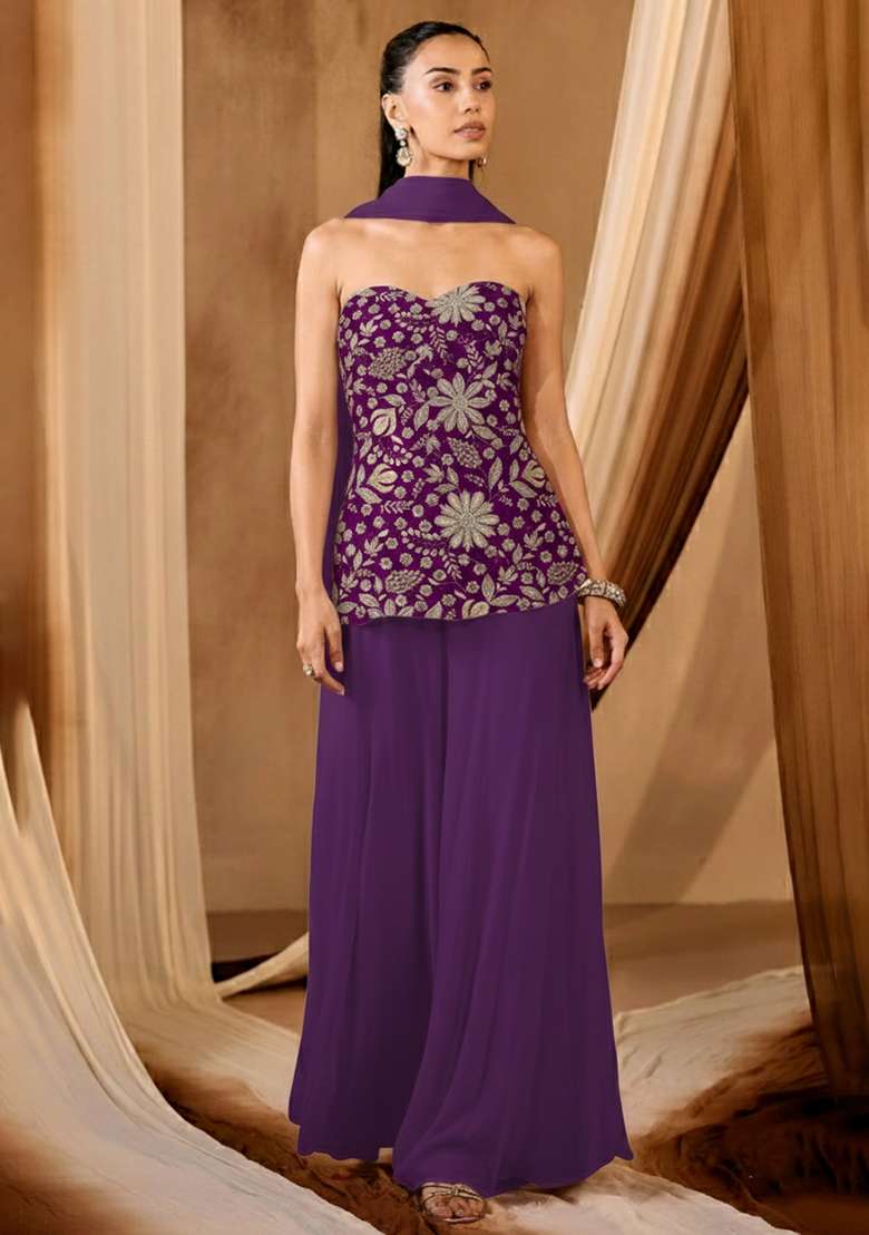 Purple Embroidered Crepe Corset Blouse Sharara Set - Indya