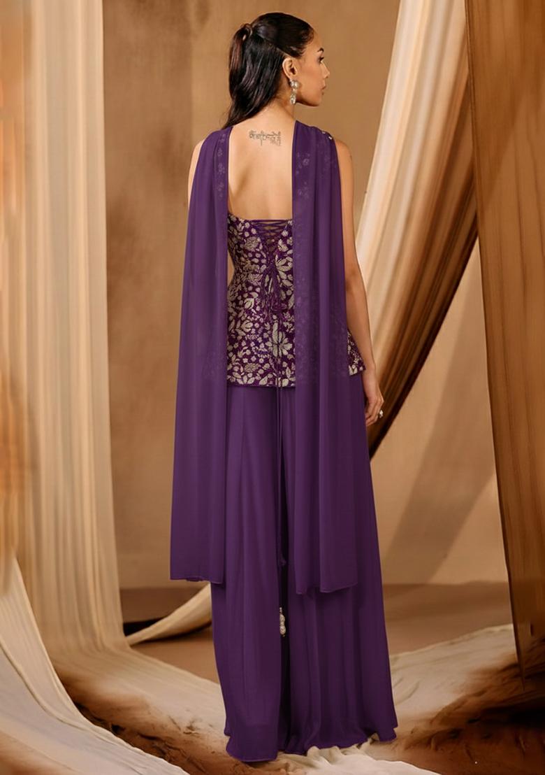 Purple Embroidered Crepe Sharara Set - Indya