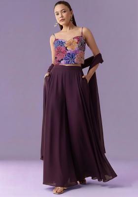 Purple Floral Print Crepe Fusion Set