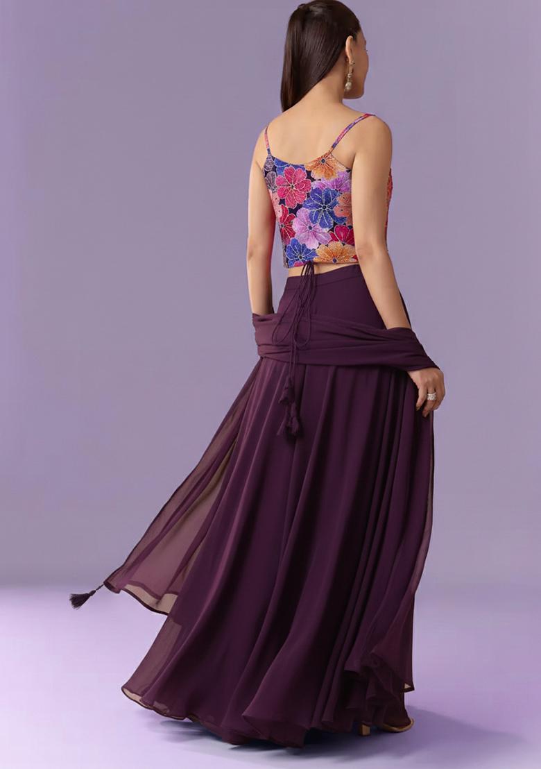 Purple Floral Print Crepe Fusion Set - Indya