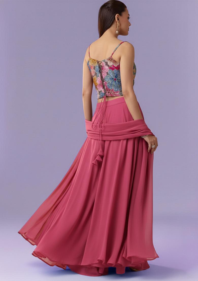 Pink Floral Print Crepe Fusion Set - Indya