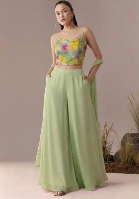 Sage Green Floral Print Crepe Fusion Set