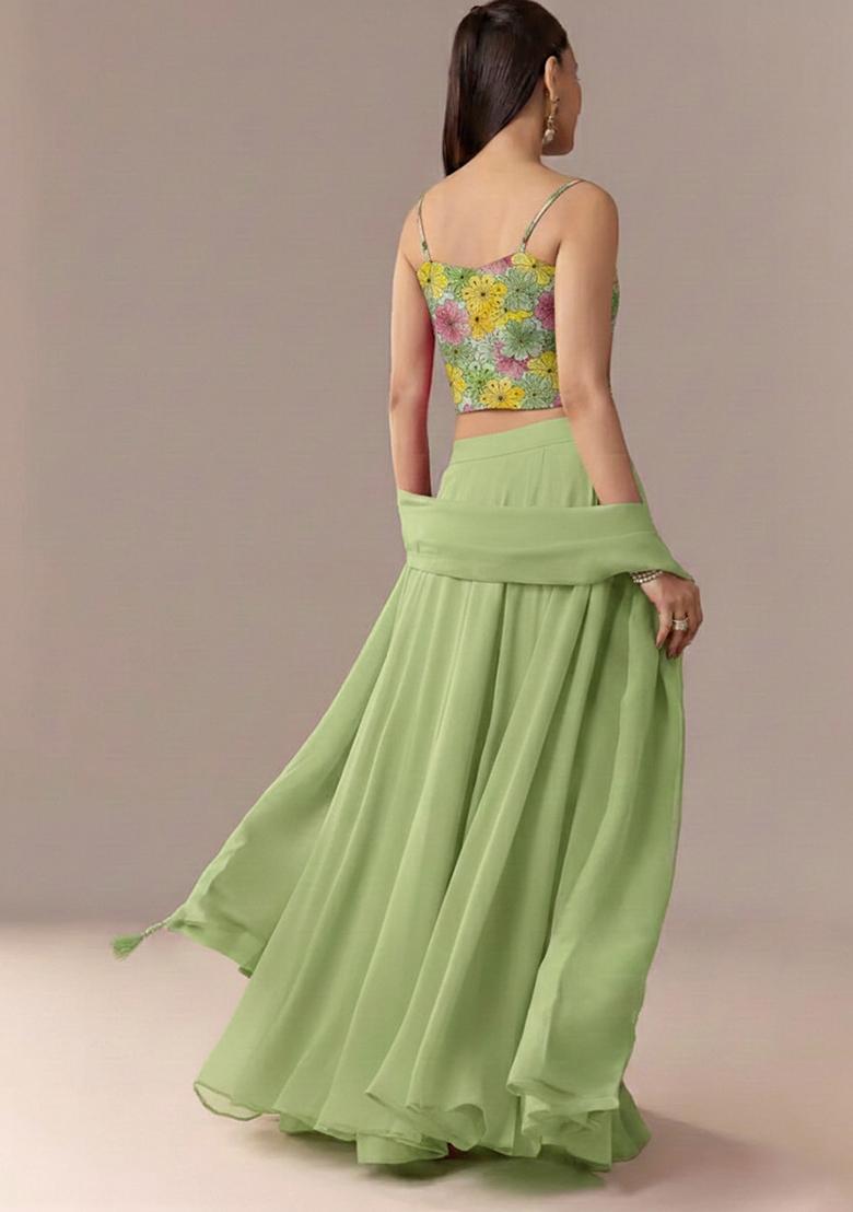 Sage Green Floral Print Crepe Fusion Set - Indya