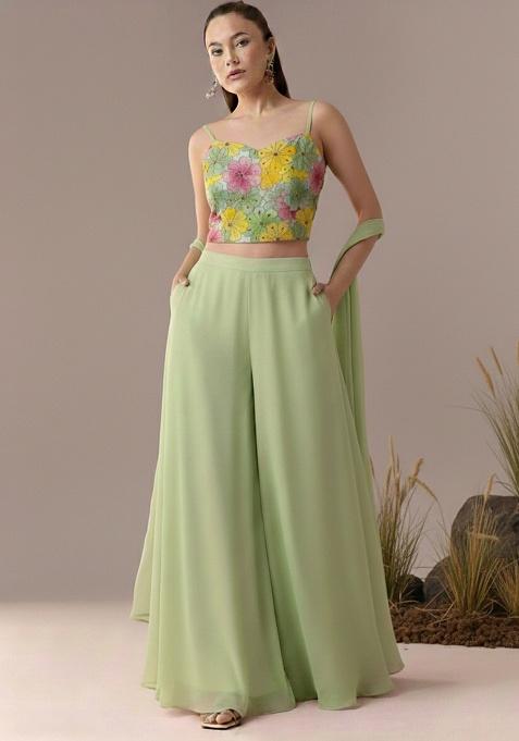 Sage Green Floral Print Crepe Fusion Set