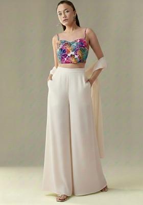 Off White Floral Print Crepe Fusion Set