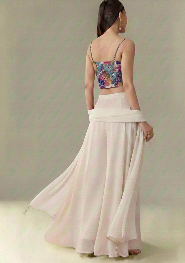 Off White Floral Print Crepe Fusion Set - Indya