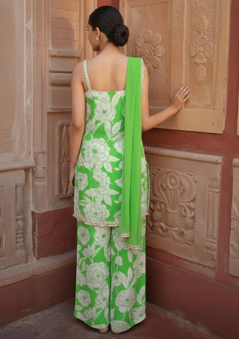 Leaf Green Floral Print Silk Kurta Set - Indya