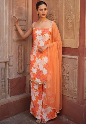 Orange Floral Print Silk Kurta Set