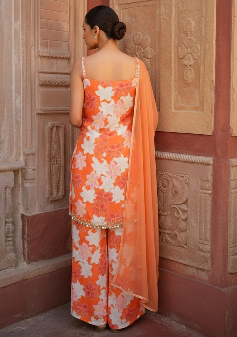 Orange Floral Print Silk Kurta Set - Indya