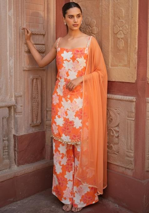Orange Floral Print Silk Sharara Set