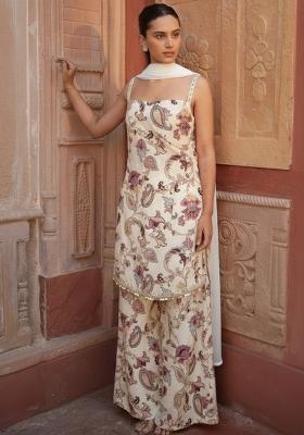 Off White Floral Print Silk Kurta Set