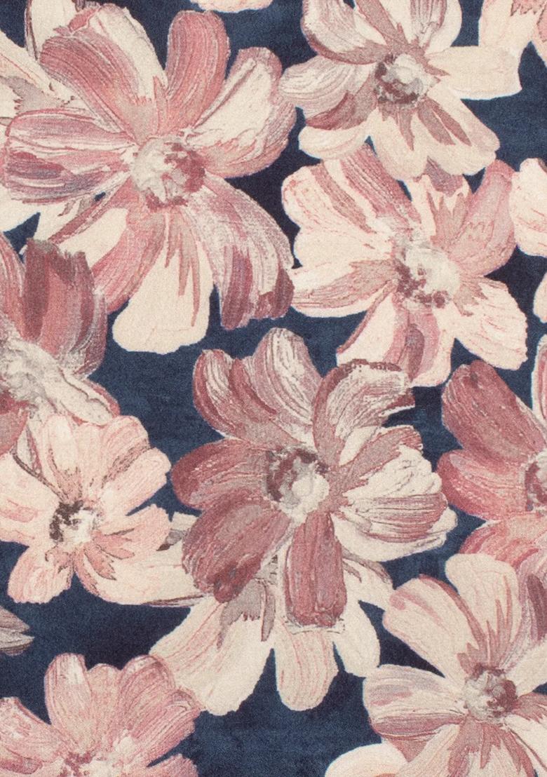 Deep Navy Floral Print Silk Kurta Set - Indya