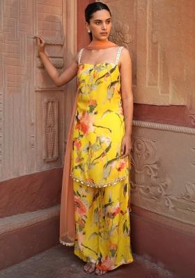 Yellow Floral Print Silk Kurta Set