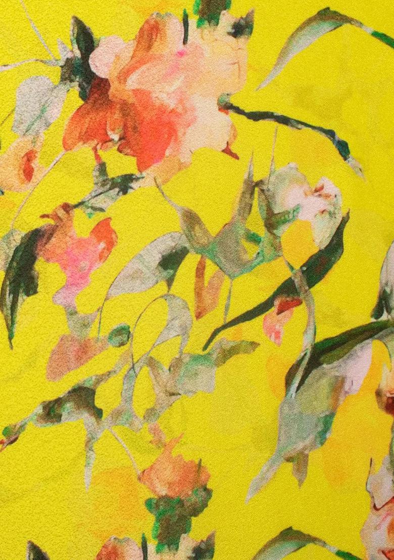 Yellow Floral Print Silk Kurta Set - Indya